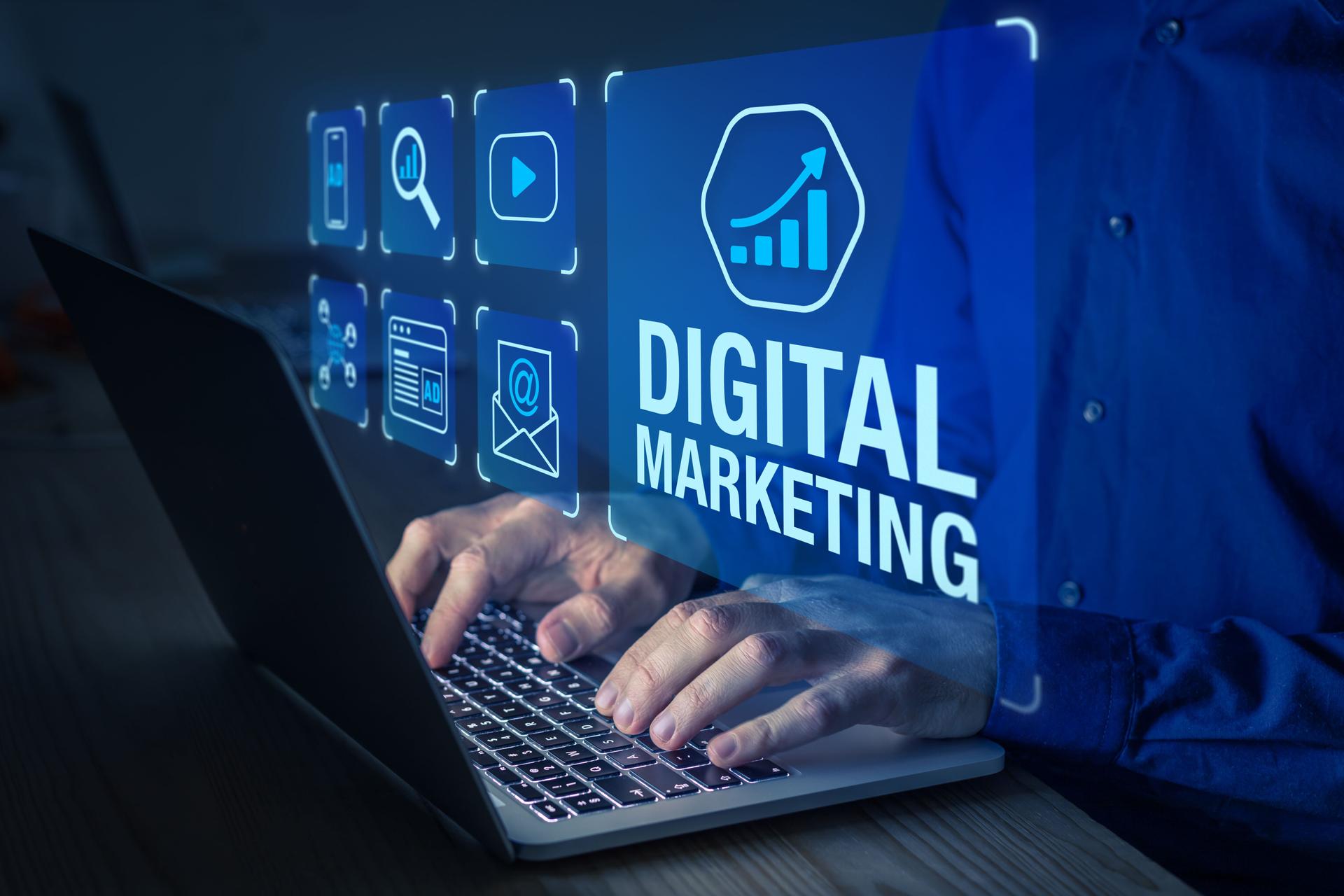 Digital marketing manager working on social media network advertising, online ad on internet website, mobile and email newsletter communication advertisement campaign with SEO, PPC, ROI strategy