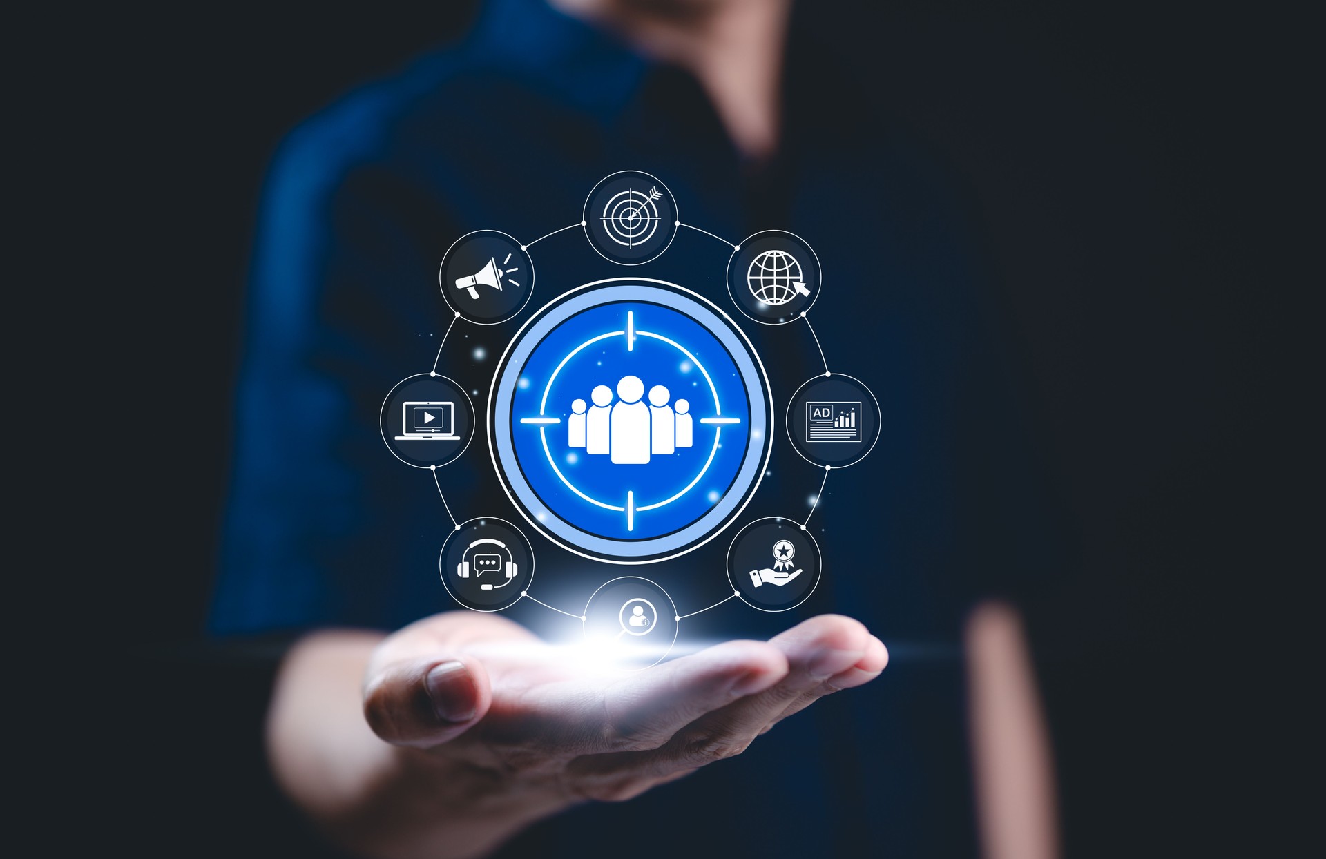 Digital marketing targeting concept. Businessman with marketing icons represent targeting, customer engagement. global reach, Modern strategies in online marketing, customer acquisition, sales growth,