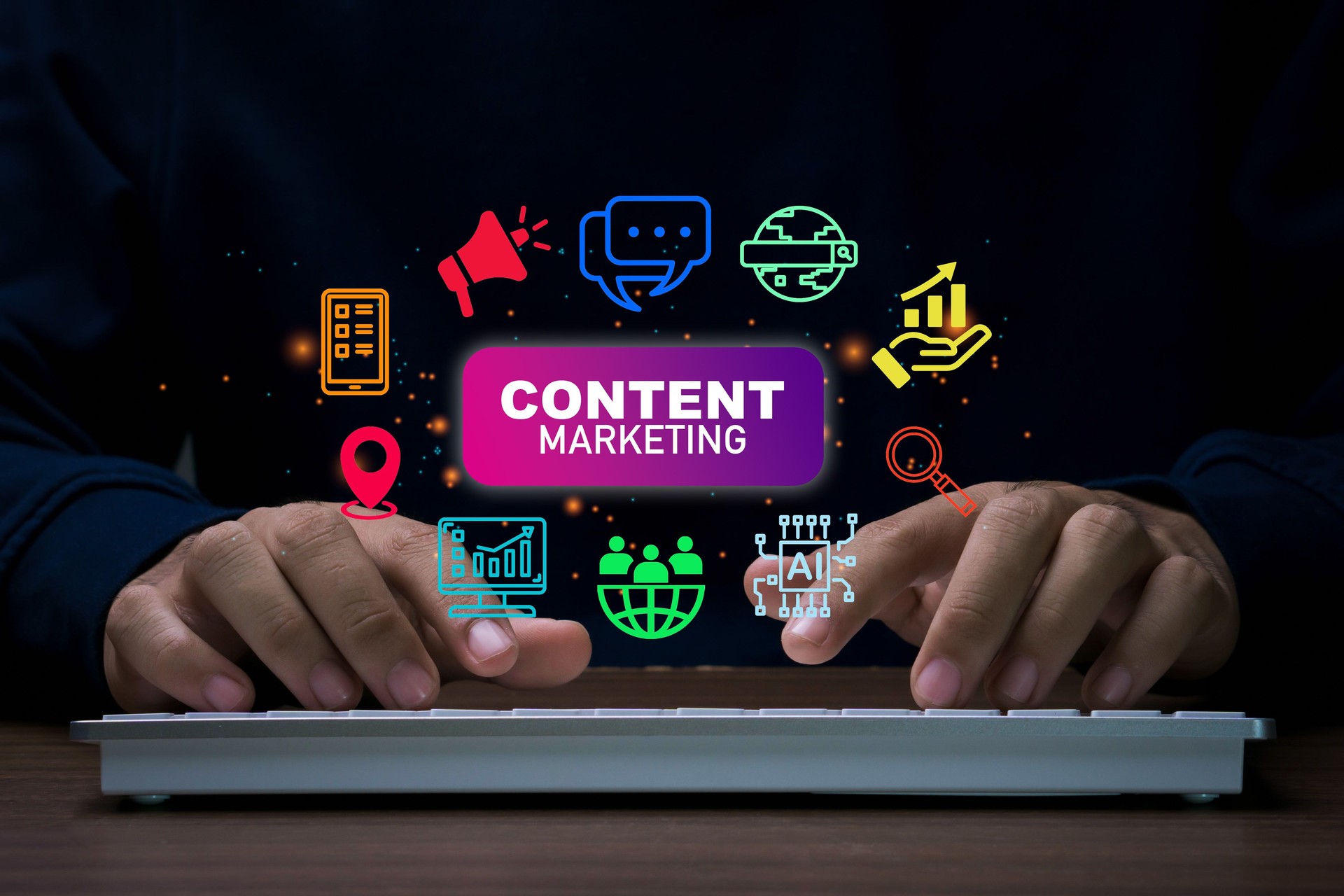 Content marketing concept. Content creator using computer for Containing seo, content, website, e-commerce, social media, AI, sales and online advertising, ads.